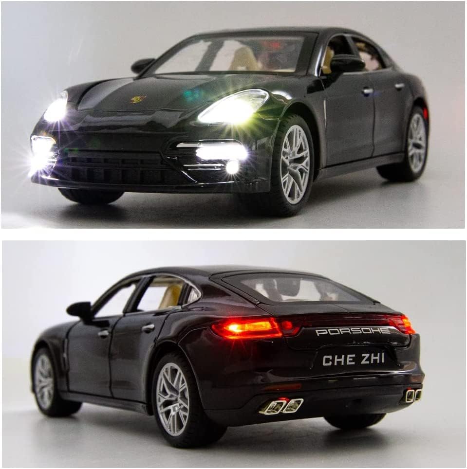 Image of PEZYOX 1:24 Porsche Panamera Diecast Metal Pullback Openable Doors Toy Cars with Flashing Light and Musical Sound for Gifts Toys for Kid (Black)