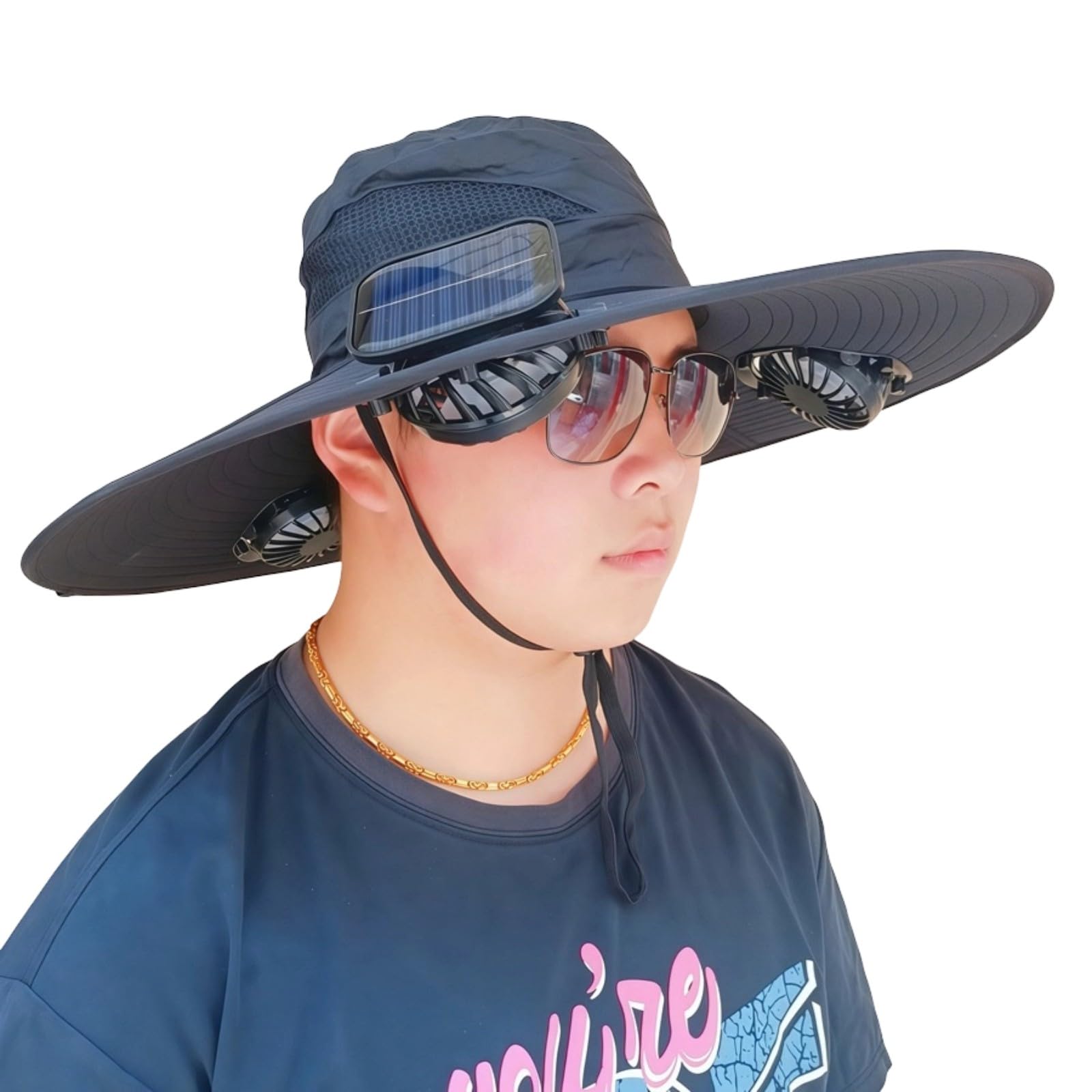 Cooling Sun Hat with Wide Brim Shade and Chin Cord, Wearable Solar Fan Hat for Hiking Fishing and Travel Solar Fan Wide Brim Cooling Sunhat Outdoor Shade Cap Wearable Camping Fishing Hiking Gardening