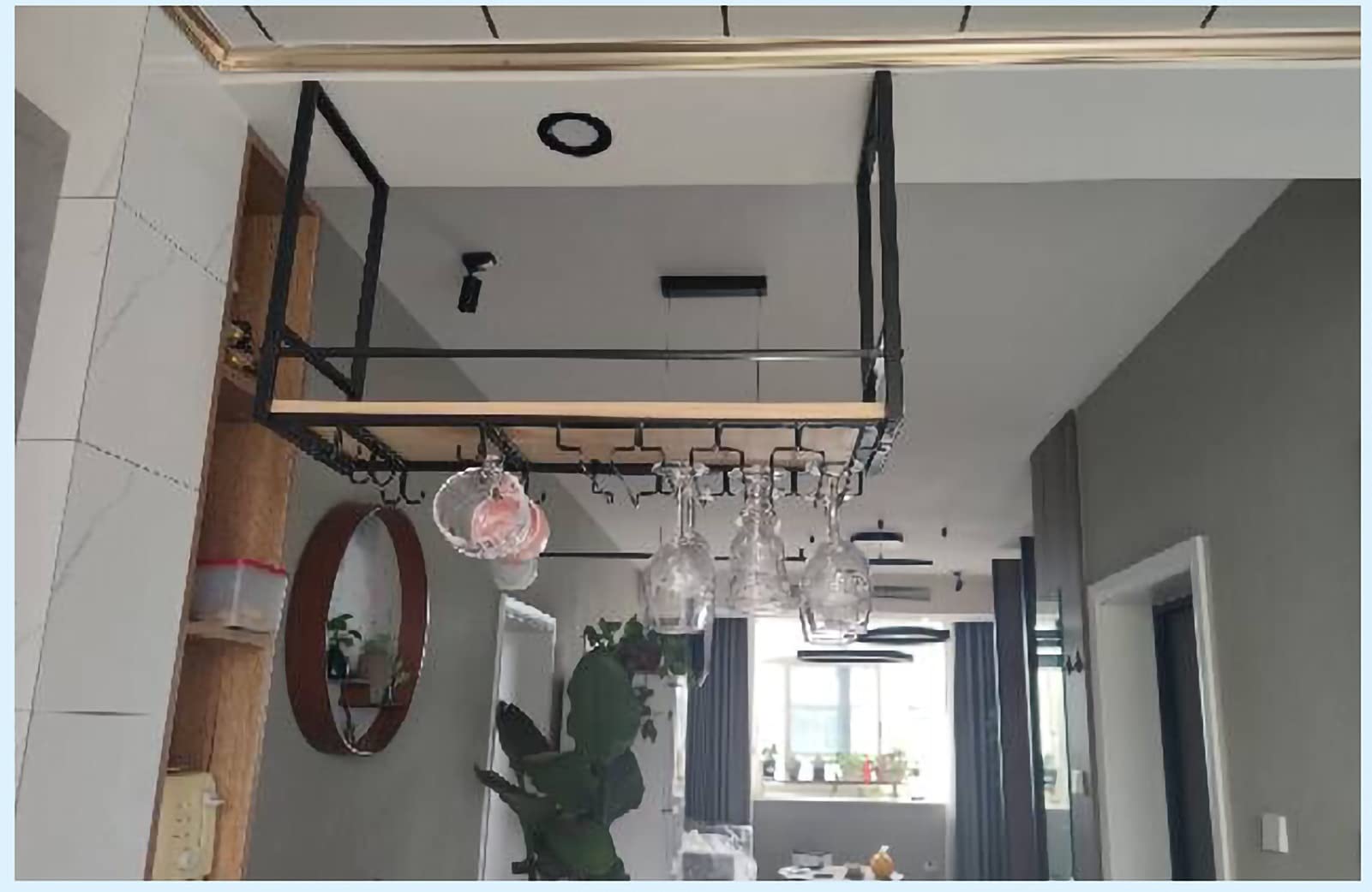 PAUANI Plafondplank - Plafond hangende wijnglashouder, keukenhangend opbergrek, wandgemonteerde massief houten wijnglashouder met beschermrails, voor keuken/LOFT/bar (maat: 140 x 30 x 50 cm PAUANI Plafondplank - Plafond hangende wijnglashouder, keukenhangend opbergrek, wandgemonteerde massief houten wijnglashouder met beschermrails, voor keuken/LOFT/bar (maat: 140 x 30 x 50 cm