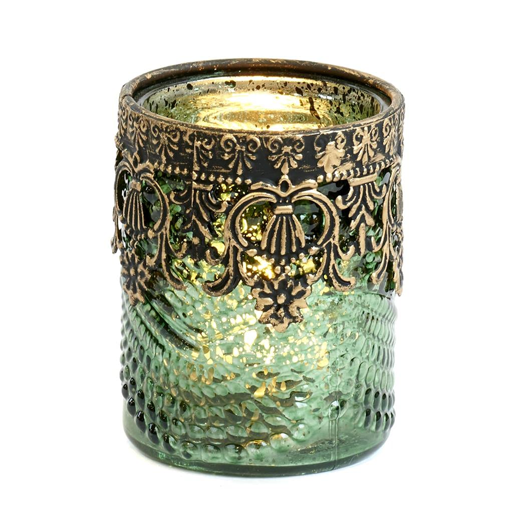 Goodwill Glass Votive Candle Holder Decorated with Filigree Metal (Green)