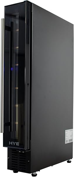 HYE Wine Cooler - Wine Fridge With 7 Bottle/22L Storage, 14.8CM Width, Wooden Shelves, LED Top Lighting, Temperature Range Adjustment, 39 dB Operation, Perfect For Kitchens & Home Bars - RF01WC7SB31 - 3