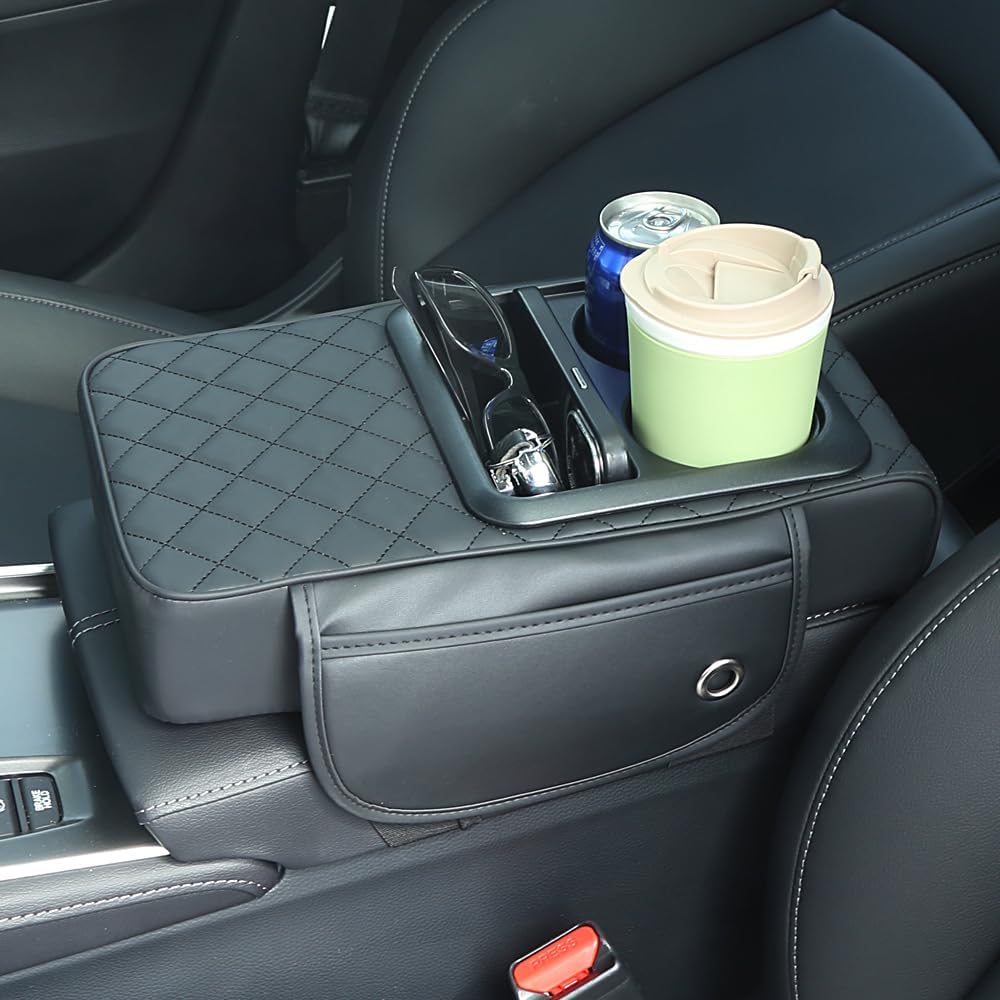 Universal Car Armrest Cushion Organizer - PU Leather Center Console Pad with Cup Holder, Phone Storage & Side Pockets, Multifunctional Armrest Cover for Most Vehicles
