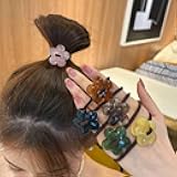 6 Pack Floral Print Hair Elastics with Ink Wash Pattern Flower Shaped Hair Ties Artistic Elastic Bands for Women