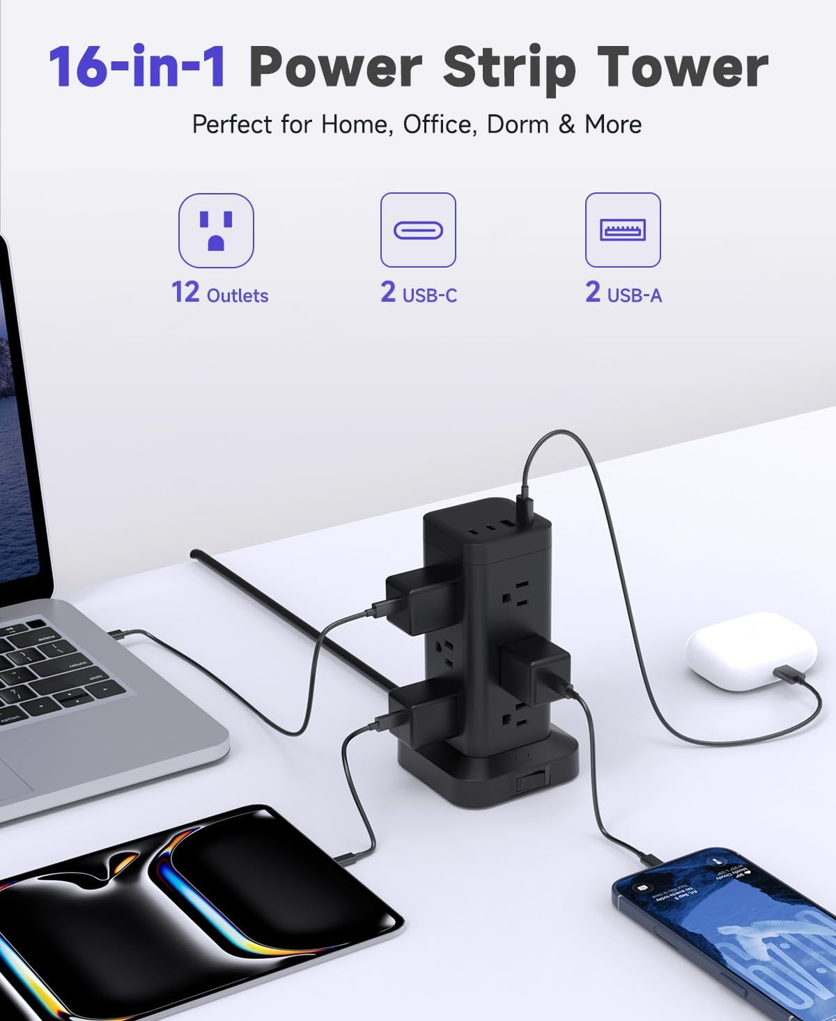 Tower Power Strip with PD 30W Fast-Charging Port, 12 Outlets, 4 USB Ports (2 USB-C), 1800J Surge Protector, Charging Station for Multiple Devices,10FT Extension Cord, Black, Home Office Essentials