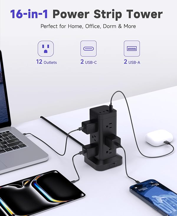 Tower Power Strip with PD 30W Fast-Charging Port, 12 Outlets, 4 USB Ports (2 USB-C), 1800J Surge Protector, Charging Station for Multiple Devices,6FT Extension Cord, Black, Home Office Essentials by TAGZILO - Used condition - Image 7