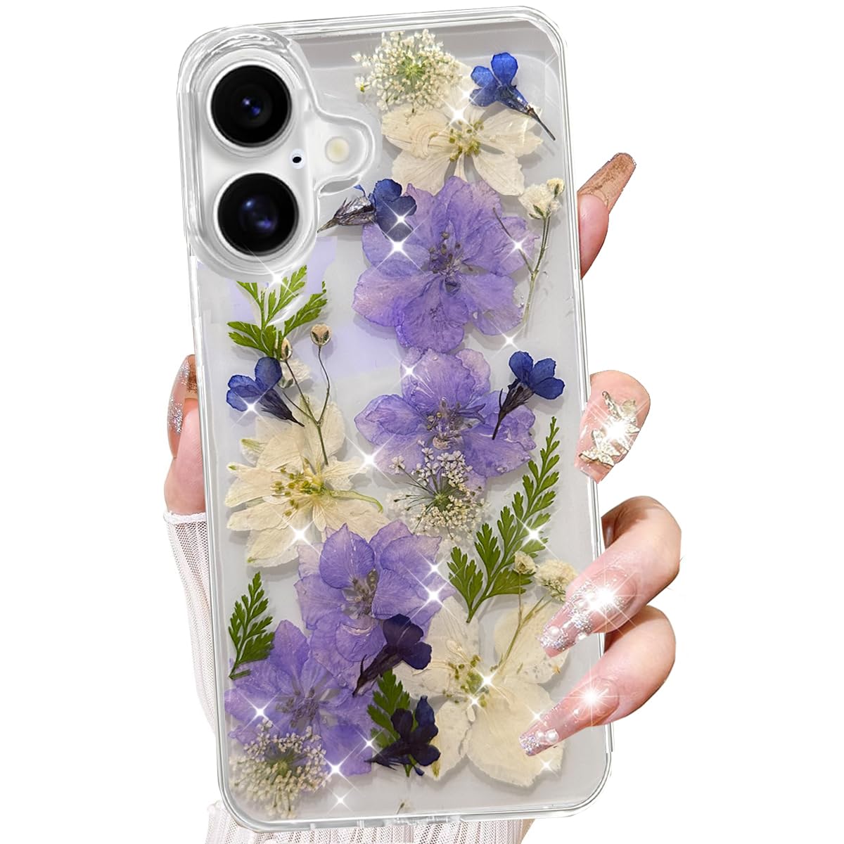 Changjia for iPhone 16 Clear Glitter Floral Case,Cute Pressed Real Flowers Design Bling Sparkly White Floral Soft TPU Silicone Bumper Shockproof