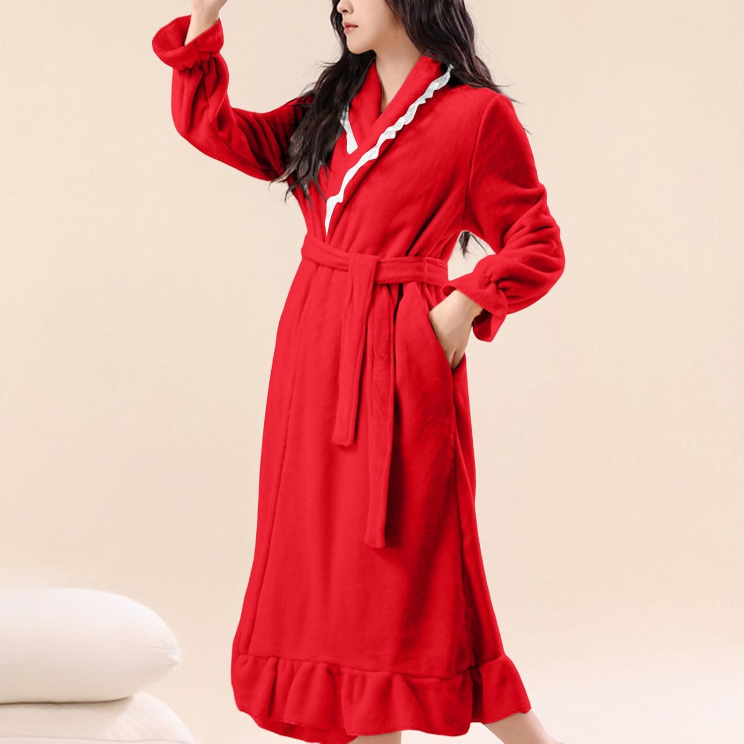 Plush Robes for Women Soft Fleece Bathrobe Ruffle Trim Bath Robe Sleepwear Winter Warm Housecoat with Belt