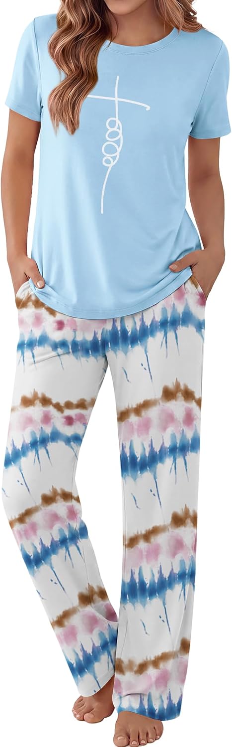 Ekouaer Pajama Set for Women 2 Piece Pjs Short Sleeve Top and Printed Pants