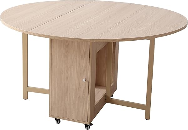 47.3" Round Folding Dining Table for 4-8, Wood Kitchen Foldable Dining Table Large Drop Leaf Dinner Table with Storage Shelf Metal Legs for Home Dining Room Living Room in Wood Color