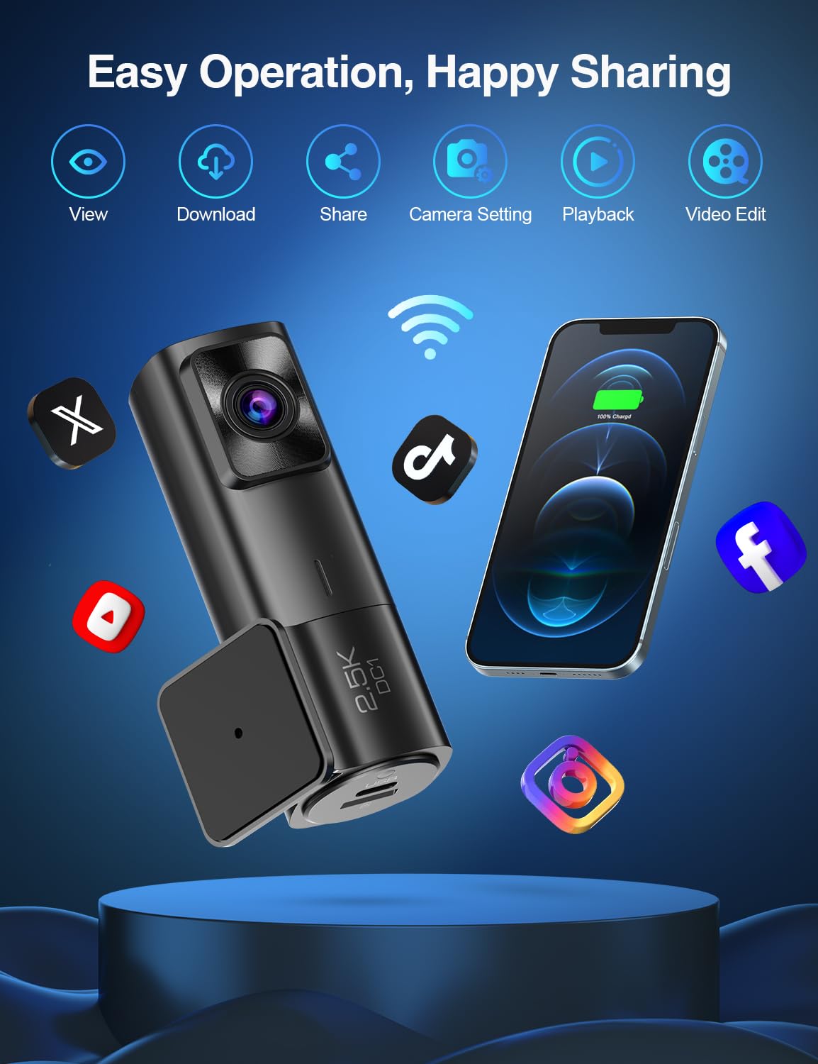 Sarmert 2.5K Front Dash Cam Built-in WiFi,Dash Camera for Cars