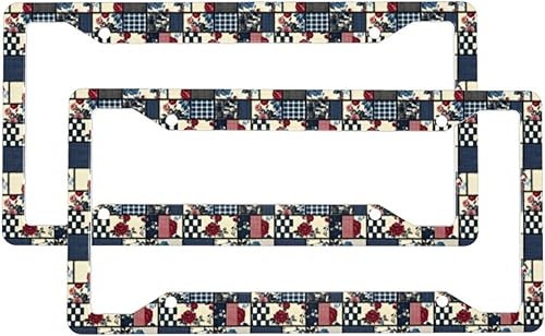 2 Pcs Car License Plate Frames for Women Men - Vintage Plaid Rose Print Solid Aluminum License Plate Cover for Car Accessories with Fasteners and
