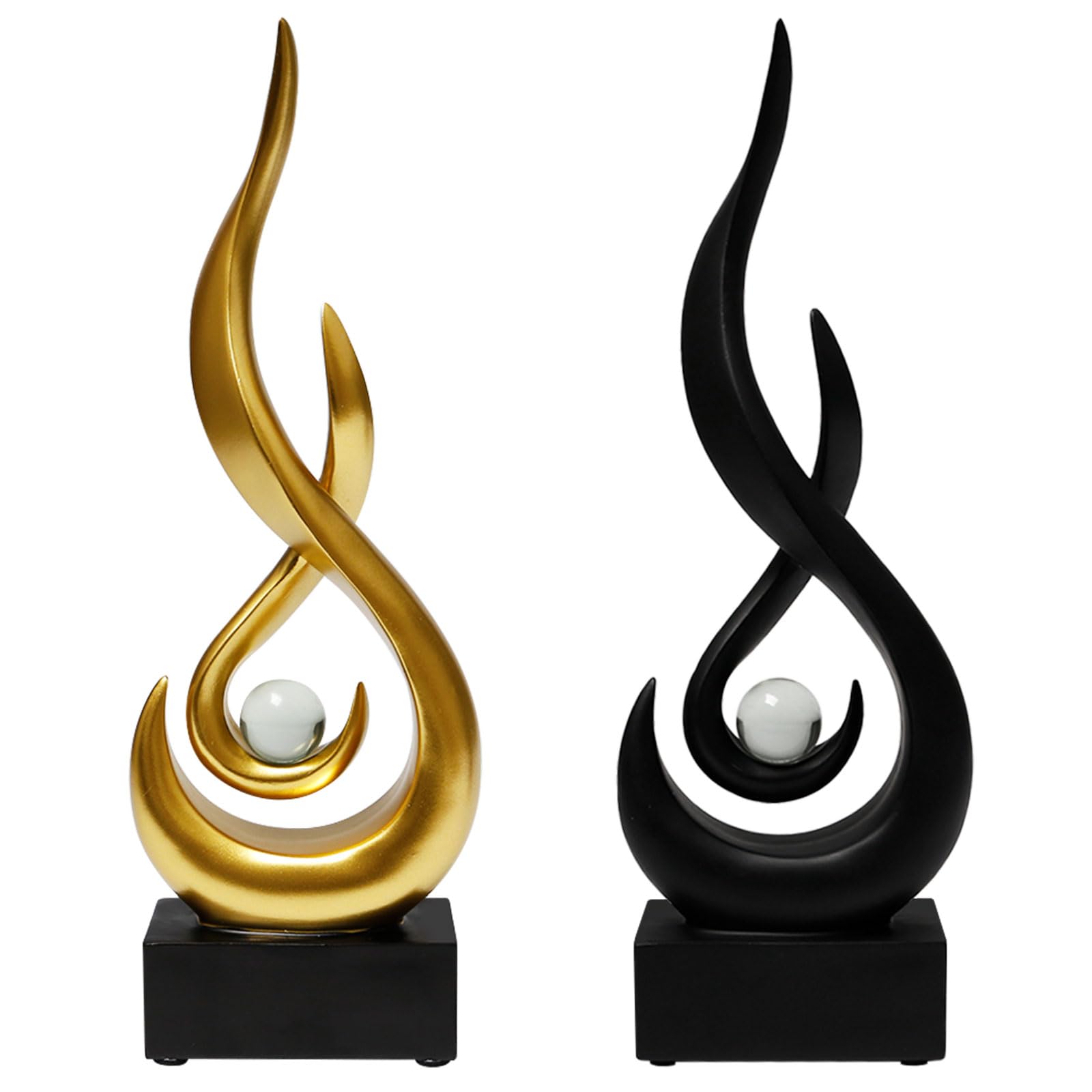 2 Piezas Esculturas de Llama Decoración Estatua Llama Moderna 29 x 8.7 x 4 cm con Bola de Cristal Escultura de Arte Abstracto para Sala de Estar, Oficinas, Comedor (Dorado, Negro)
