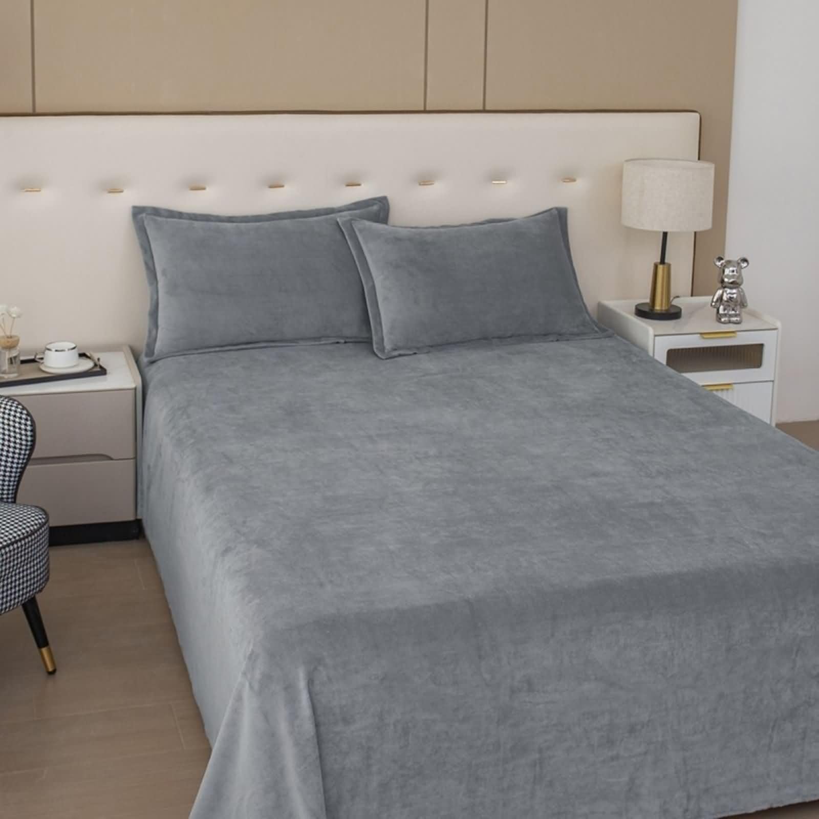 Pack de 3 Piezas Sábanas Encimeras Terciopelo Suave, Color Sólido, 180 x 230 CM + 2 Fundas de Almohada, Sábanas Encimeras Gris