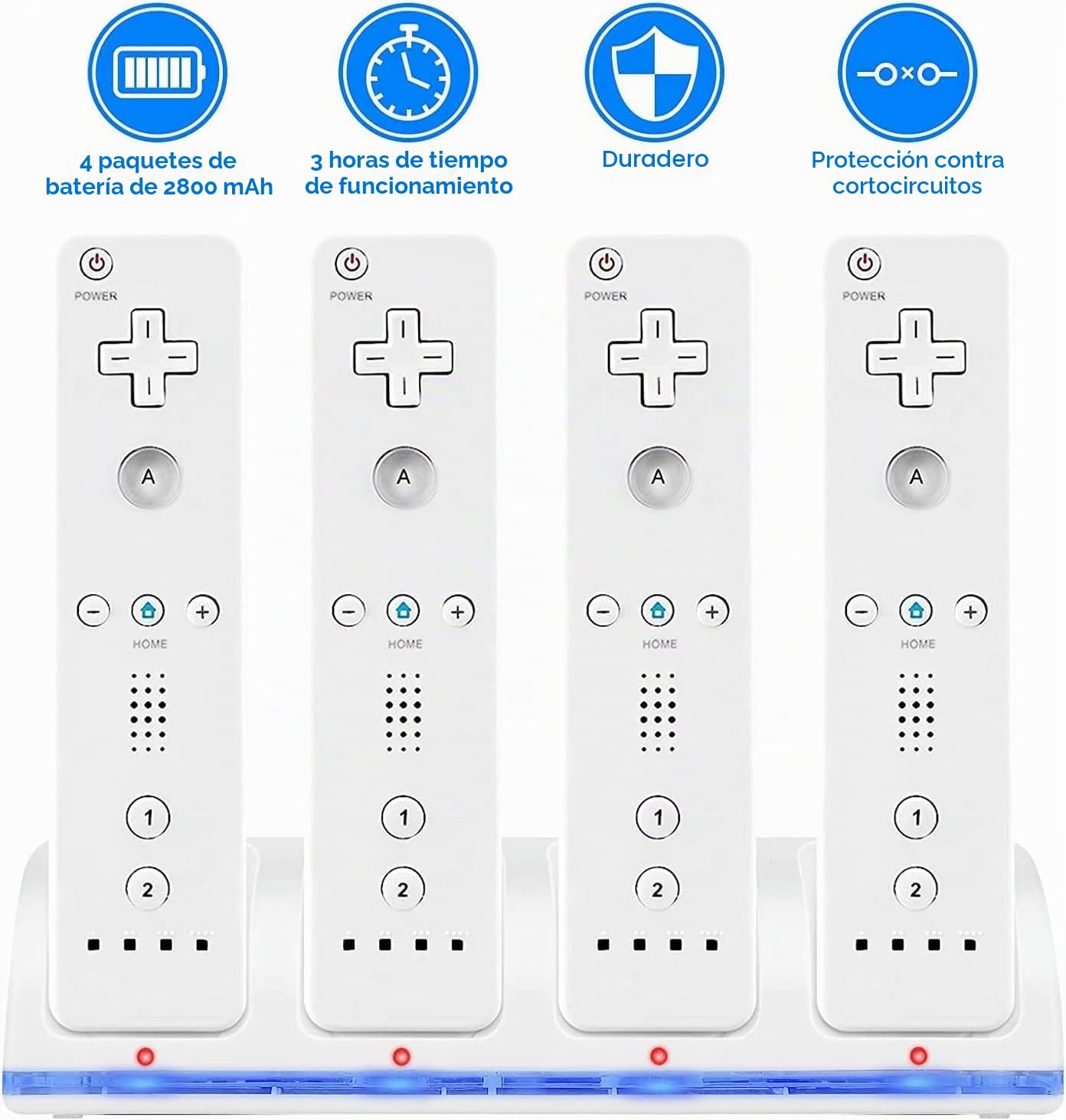 Estación de carga para Wii, 4 en 1 mando estación de carga con indicadores LED 4 piezas 2800mAh batería recargable paquete para mando Wii
