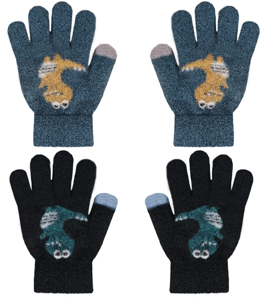 2 Paia Guanti In Maglia Per Bambini - Termici, Elasticizzati, Con Motivi Dinosauro, Per Inverno