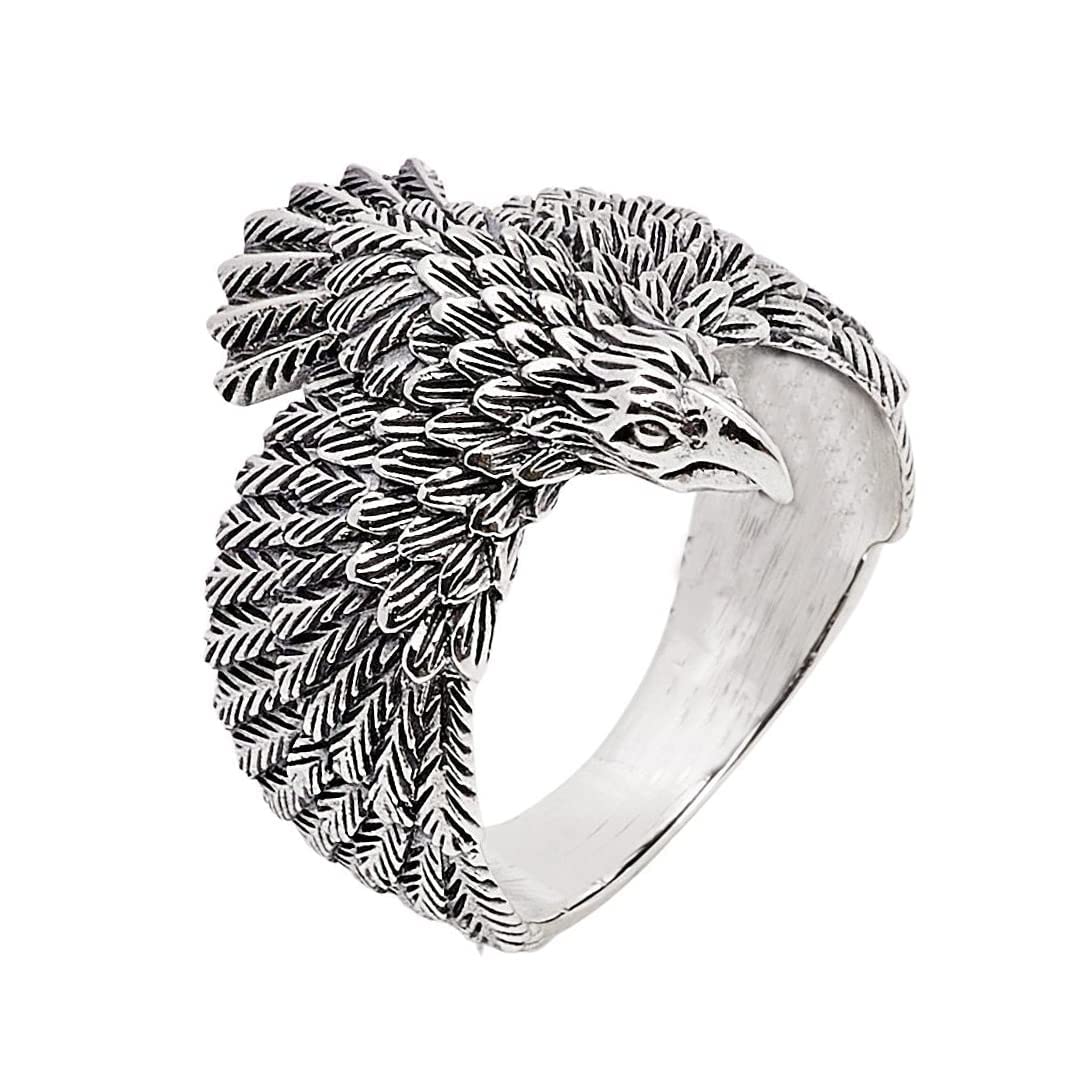 Treasure Bay Anillo de cuervo para hombre, plata de ley 925, diseño de cuervo nórdico en vuelo, talla P/R/T/W/Y/Z