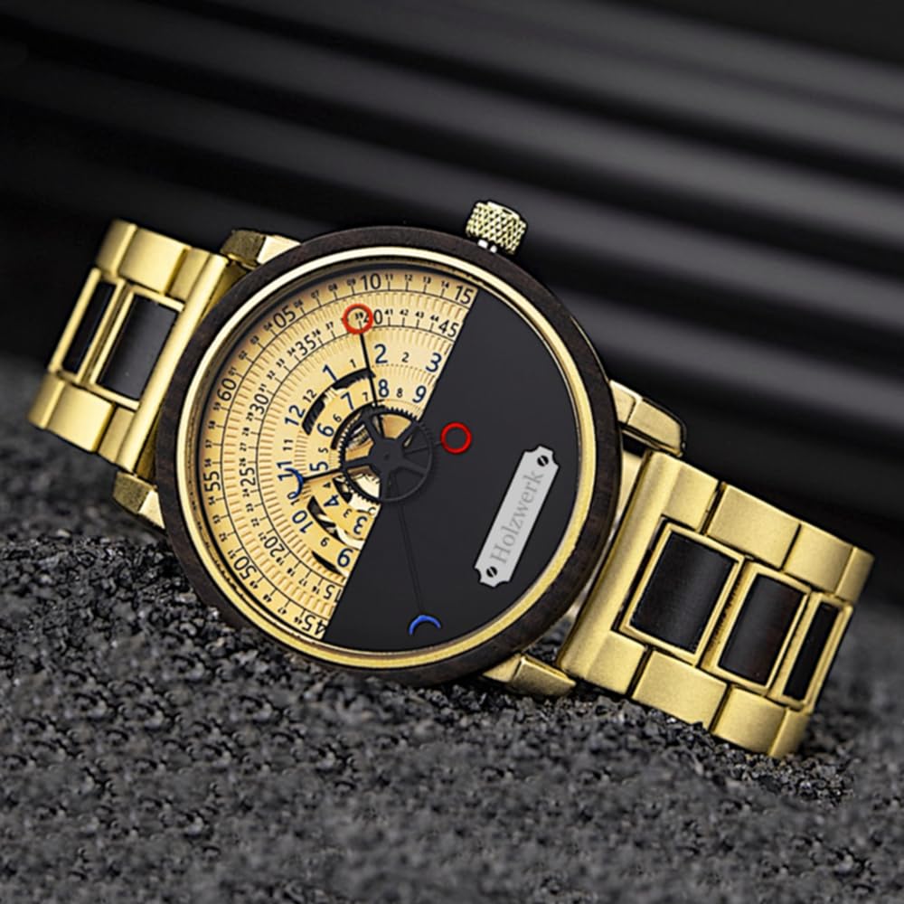 Holzwerk Automatik Herren-Uhr Öko Natur Holz-Uhr Holz Armband-Uhr Schwarz Gold Analog