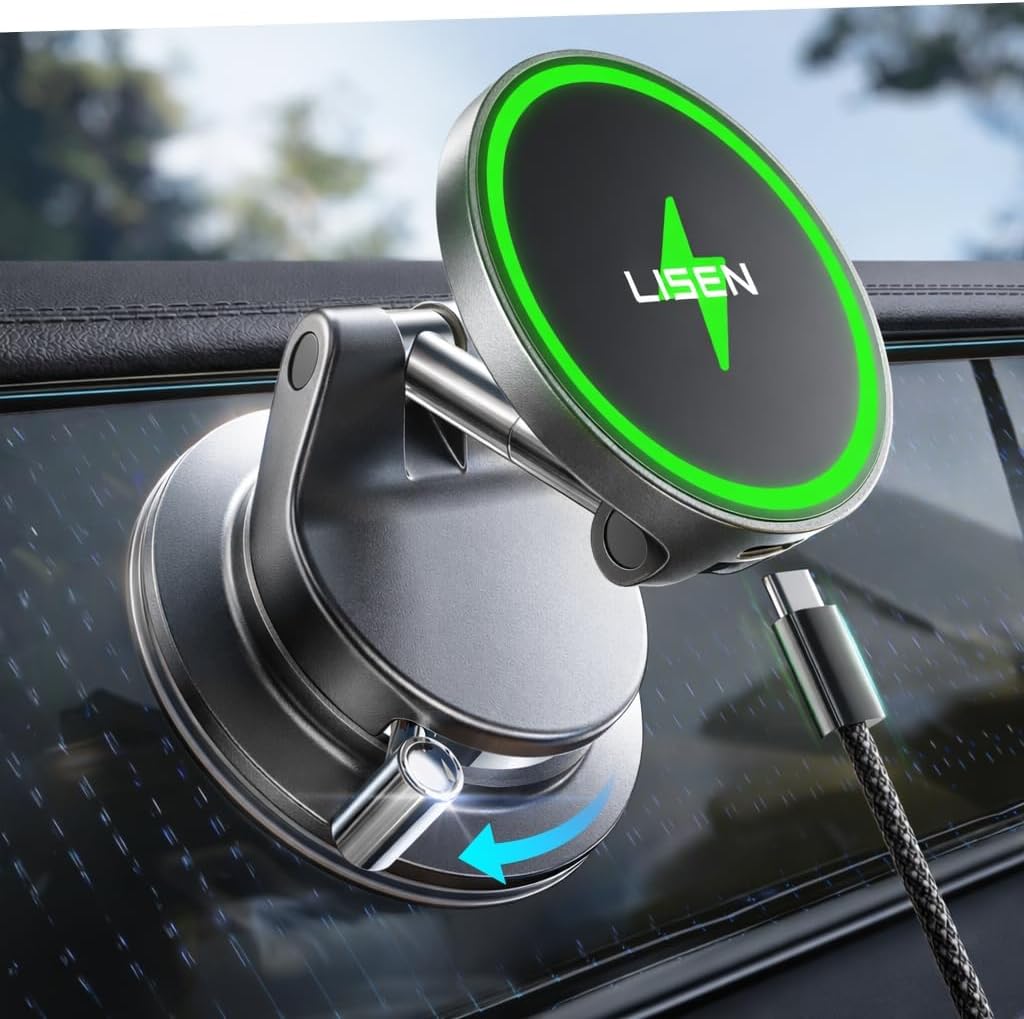 LISEN 15W Magsafe Car Mount Charger. Magnetic Wireless Car Charger. Suction Phone Mount. Vacuum Magnetic Phone Holder for Car Mount for iPhone 17 Pro Max 16 15 14 13 12. Samsung S26/S25. Pixel 10 Pro