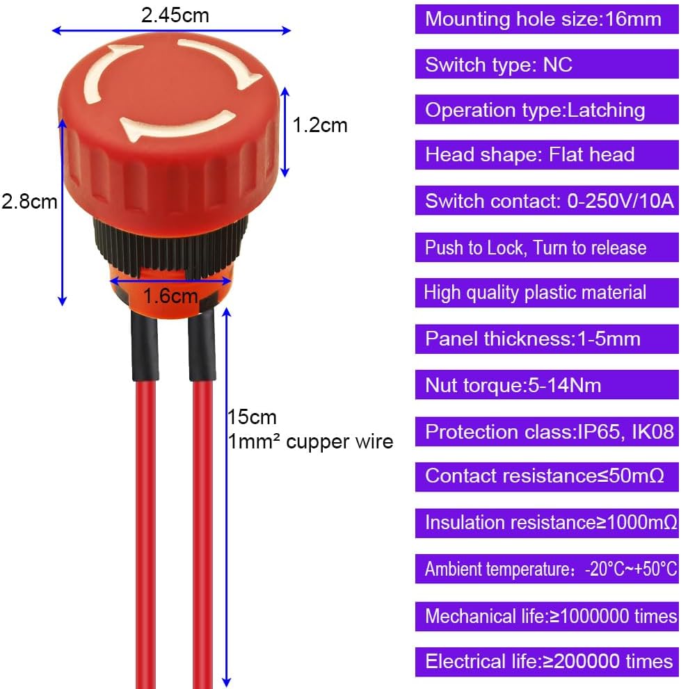 Gebildet 16mm Metal Emergency Stop Push Button Switch Latching 12-250V/10A Stainless Steel 0.63" Mounting Hole