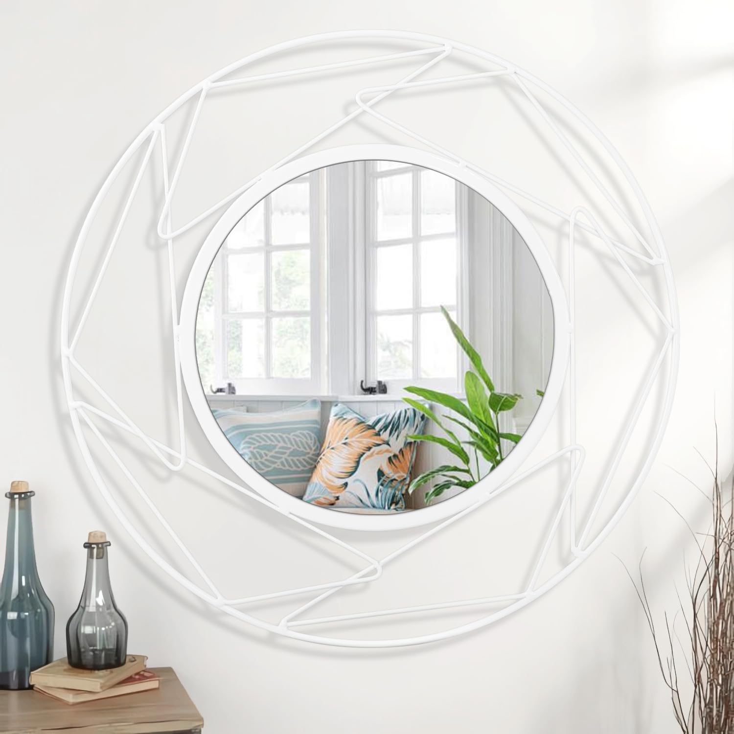 JJUUYOU Espejo circular de pared redondo, color blanco, para colgar en la pared, marco de metal, espejo de maquillaje para sala de estar, dormitorio, baño decorativo