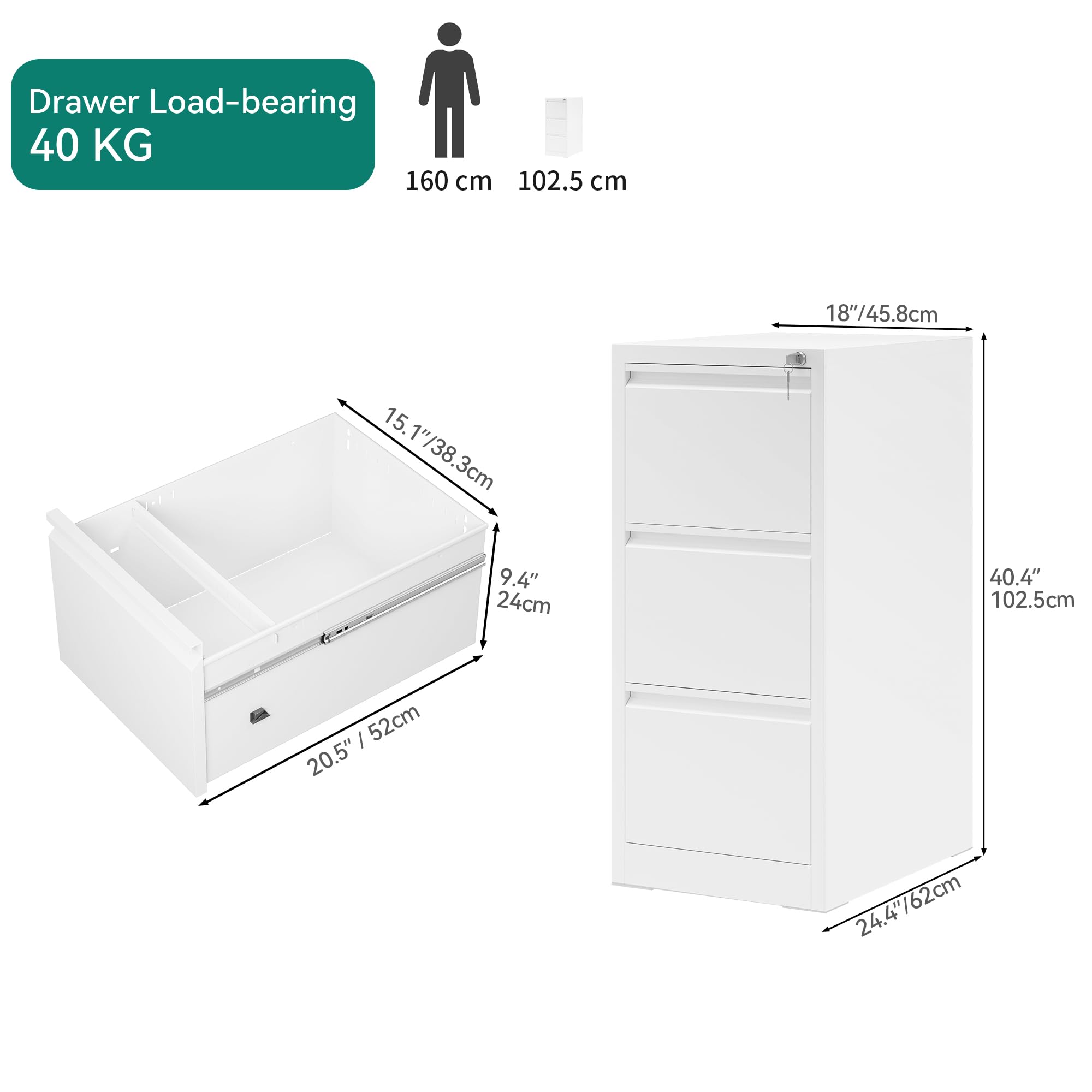 YITAHOME Aktenschrank mit 3 Abschließbaren Schubladen, Kippsicherer Rollender Aktenschrank mit Rädern für das Büro zu Hause, Unter-Pult-Aktenschränke, weiß, 62 x 45.8 x 102.5cm