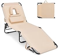 Vista 10 de GYMAX Silla de bronceado, silla de playa de 350 libras con orificio facial, almohada lavable y correa de transporte, tumbona plegable ajustable