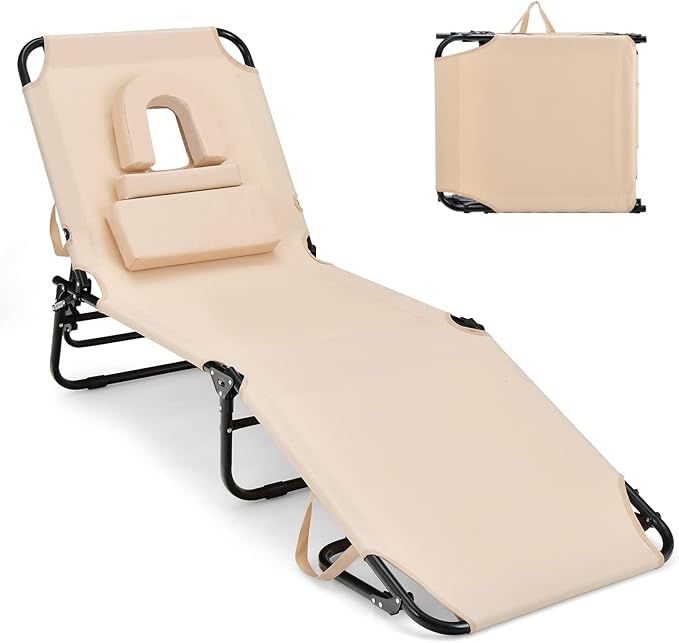 GYMAX Tanning Chair, 350lbs Beach Lounge Chair with Face Hole