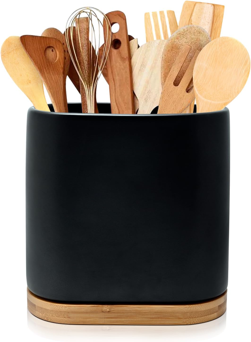 Large Ceramic Utensil Holder for Countertop,Kitchen Utensil Holder with Bamboo Wooden Base,Cooking Utensil Holder,Easy to Clean,Tool Crock,Kitchen Tool Holder for Spatulas and Spoons(Black)