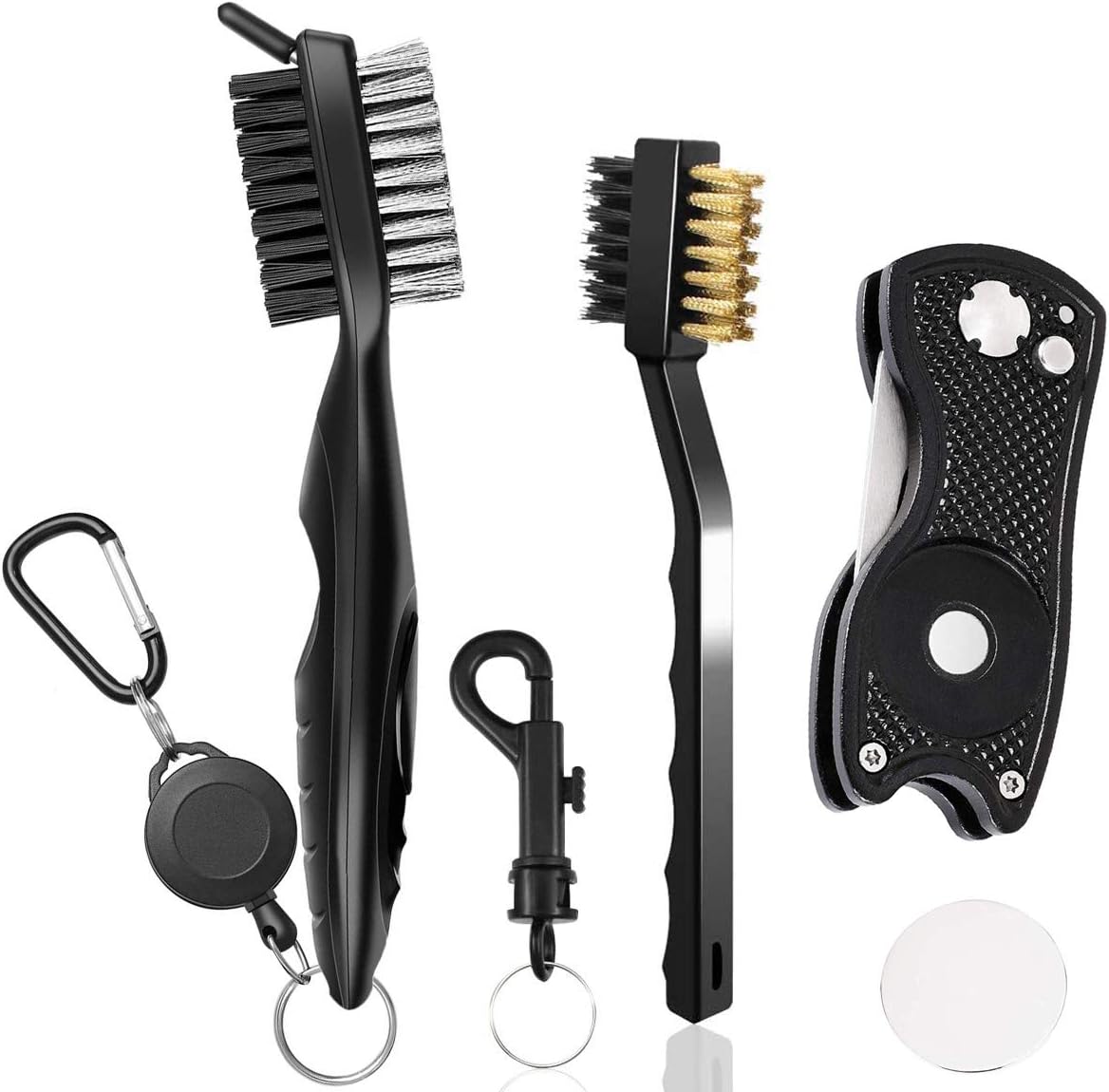 Golf Accessories Set, Metal Golf Divot Repair Tool with Ball Marker, Club Groove Cleaner Cleaning Brush with Retractable Extension Cord, and Golf Brush Groove Cleaner (3 in 1 Pack)