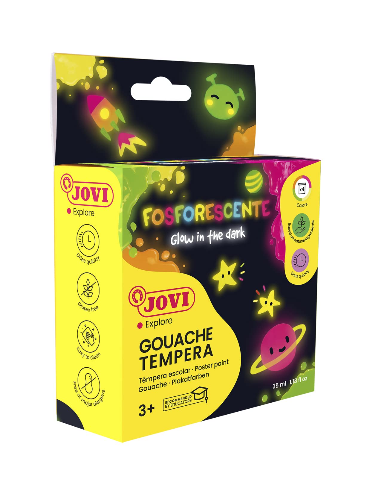 Jovi - Tempera fosforyzująca, Opakowanie 4 puszek 55ml, Farba na bazie naturalnych składników, Łatwy do mycia, Bezglutenowy, Idealny do użytku szkolnego (504)