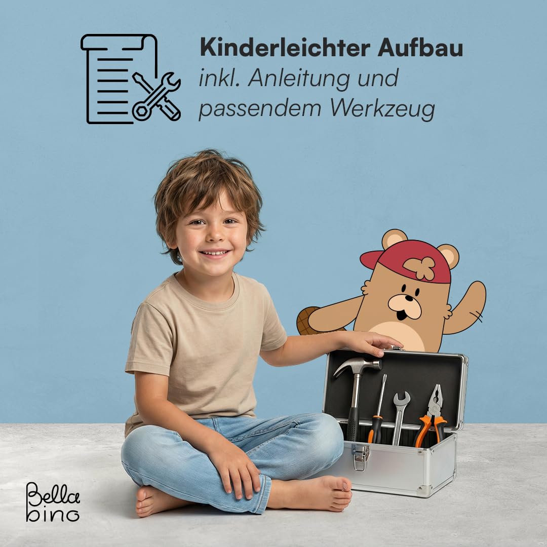 Bellabino Abia Kinderbett 90x200 cm – Hausbett mit Rausfallschutz, Lattenrost und 2 Schubladen – Montessori Kinder Bett aus Massivholz Kiefer für Jungen und Mädchen in Weiß