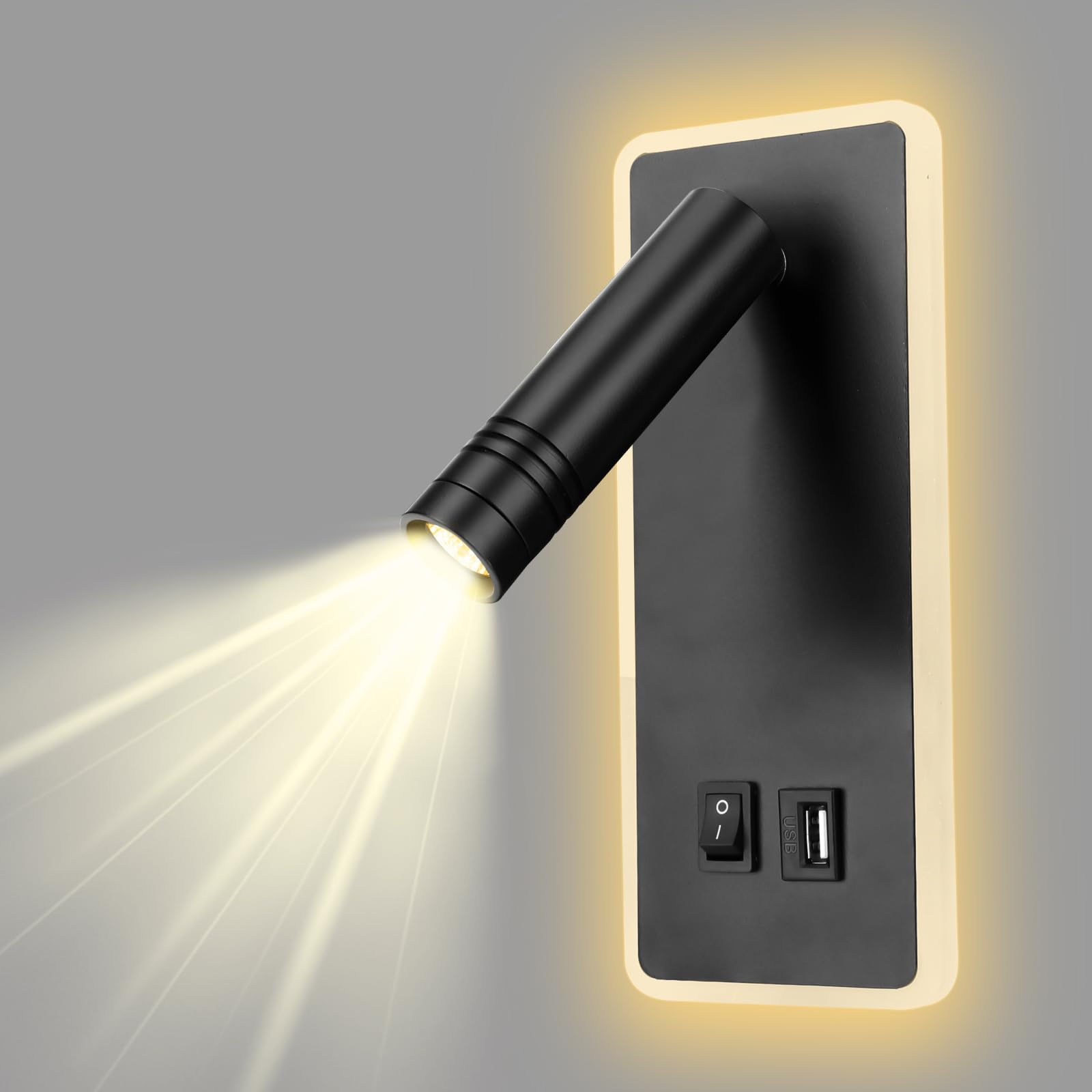 uksunvi Lámpara de pared de lectura junto a la cama lámpara de pared LED de pared 9w lámpara de pared ajustable faros 3000k lámpara de calor con carga USB (Rectángulo negro)