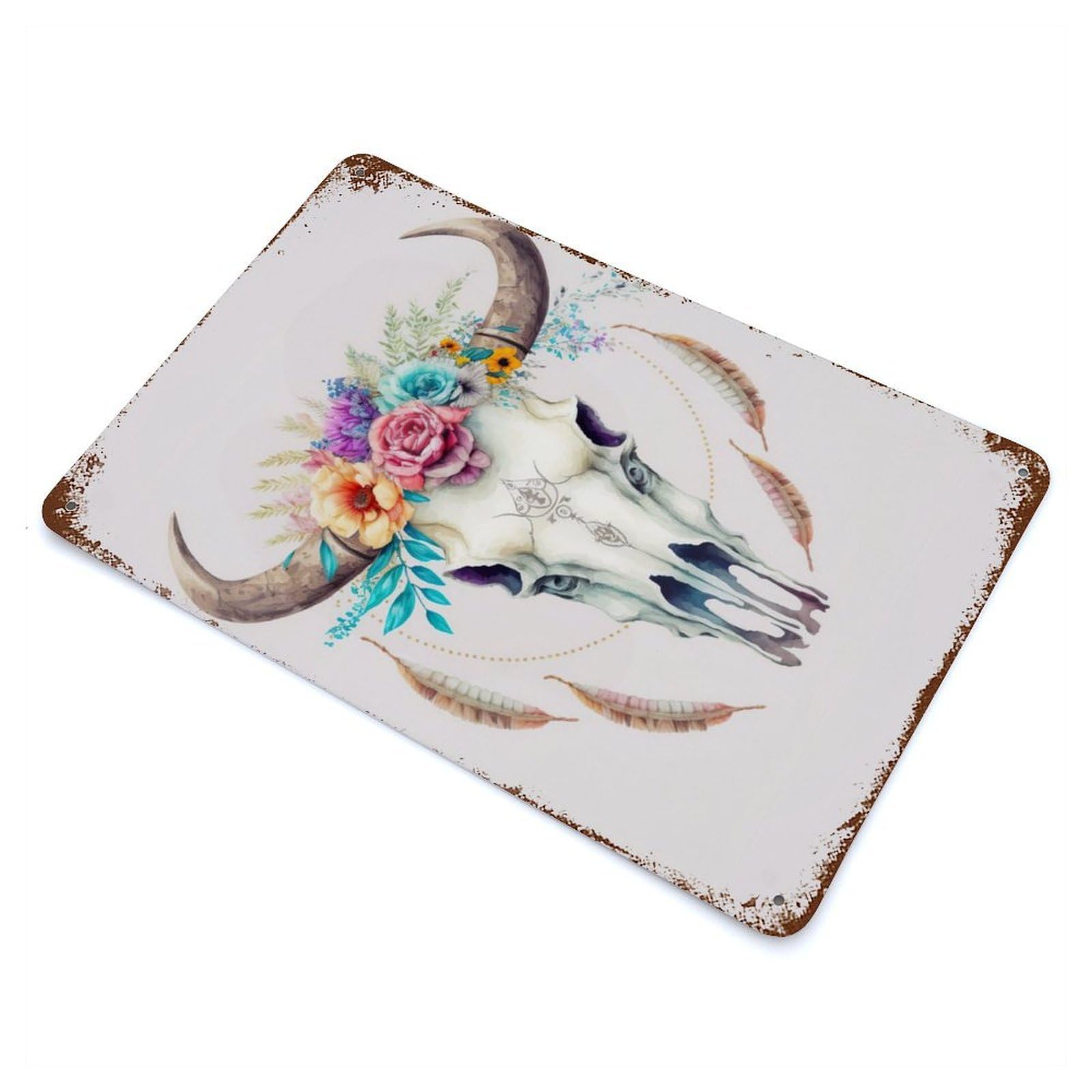 Distressed Metal Wall Sign Cow Skull 11.8"x7.9", Retro Wall Decor for Basement, Hobby Room And Garage Decor