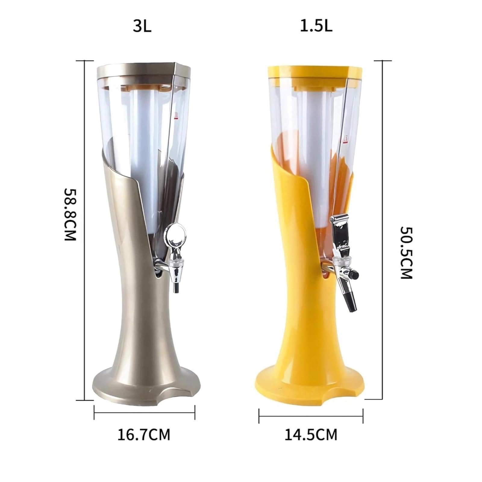 Dozownik napojów 1,5 l / 3 l, wieża piwa, dozownik napojów z czopem i rurką lodową, na imprezy, bary, puby, plastikowa wieża piwna z kolorowymi światłami (żelowy, 1,5 l)