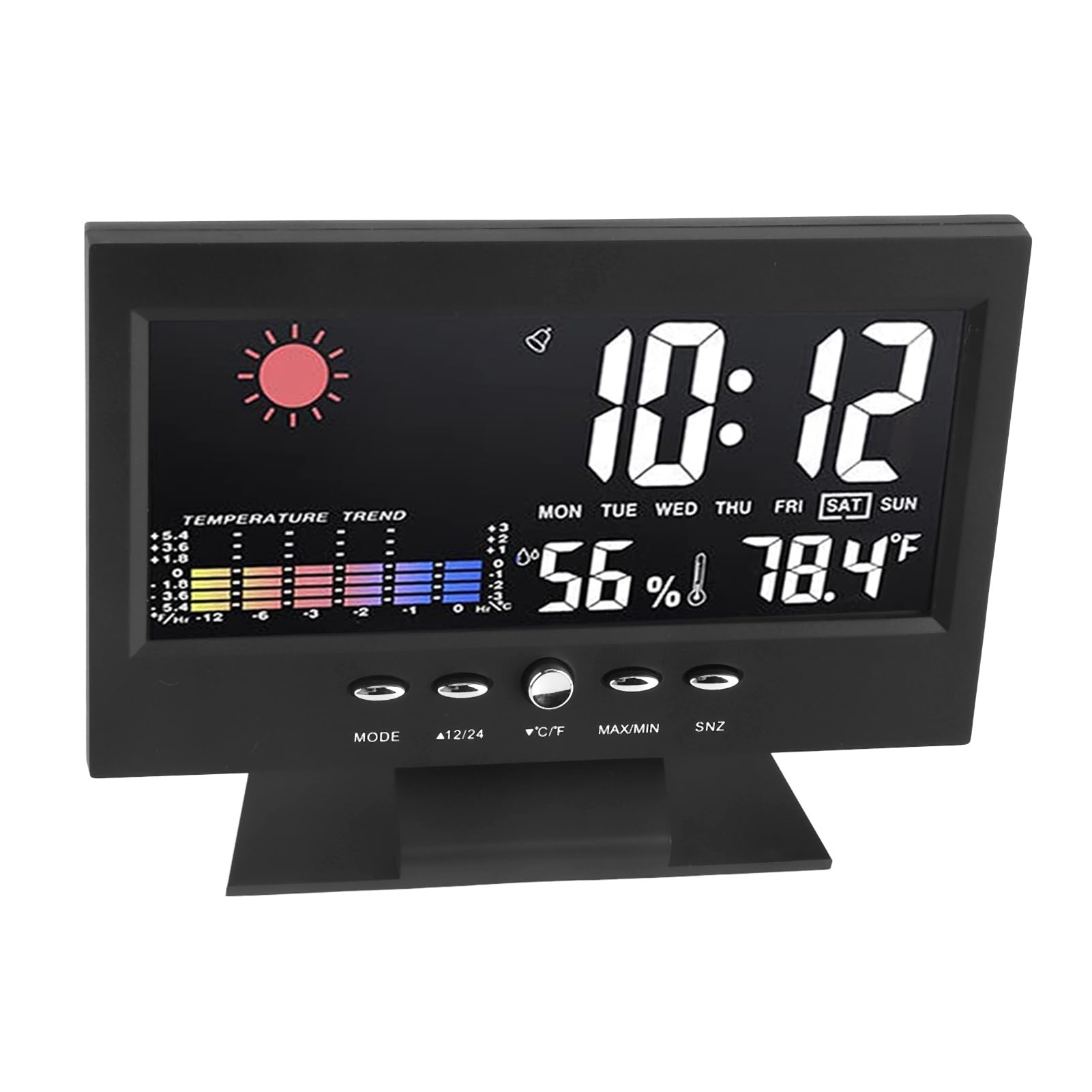 Pwshymi Black Color Weather Forecast Alarm Clock, Display Time Date Temperature Humidity, Electronic Temperature Clock, Features Countdown Function, Voice Control Backlight