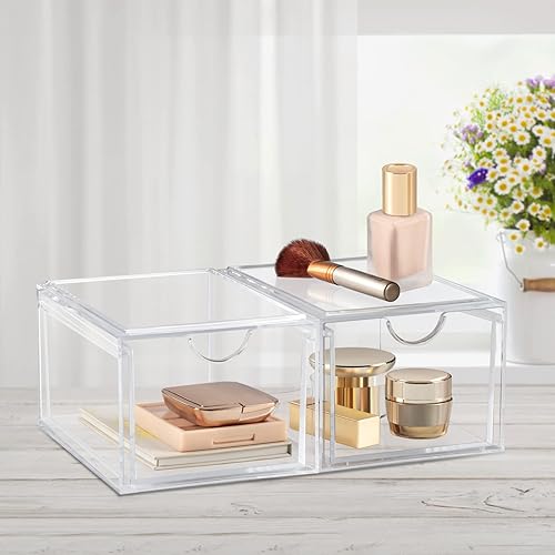 Miniatura 6 de Boxalls Paquete de 2 cajones de almacenamiento apilables de acrílico, organizador de maquillaje, 20% más grueso, transparente, organizadores de baño