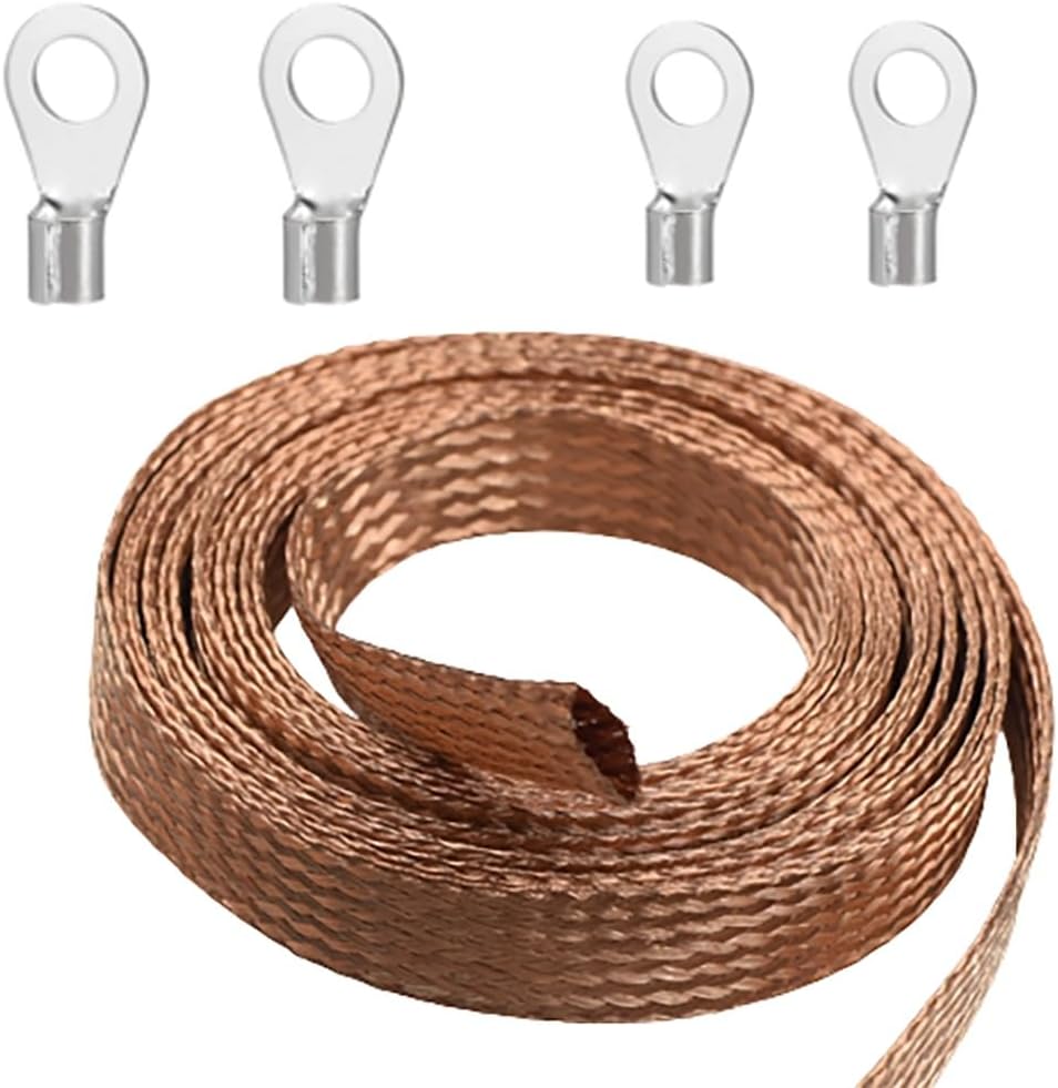 Flat Copper Braid Cable,6mm Flat Copper Braided Ground Strap Wire, Flexible Shielding Wire Mesh（16.4ft）