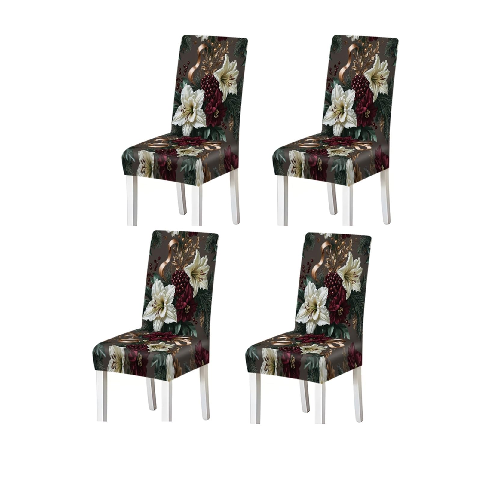 BOSUYBN Luxury Christmas Poinsettia Lily Berry Print Stretch Dining Chair Covers, For Home Kitchen Dining Room Party, 2/4/6 PCS Furniture Protectors for Home Dining Room(4PCSChair cover)