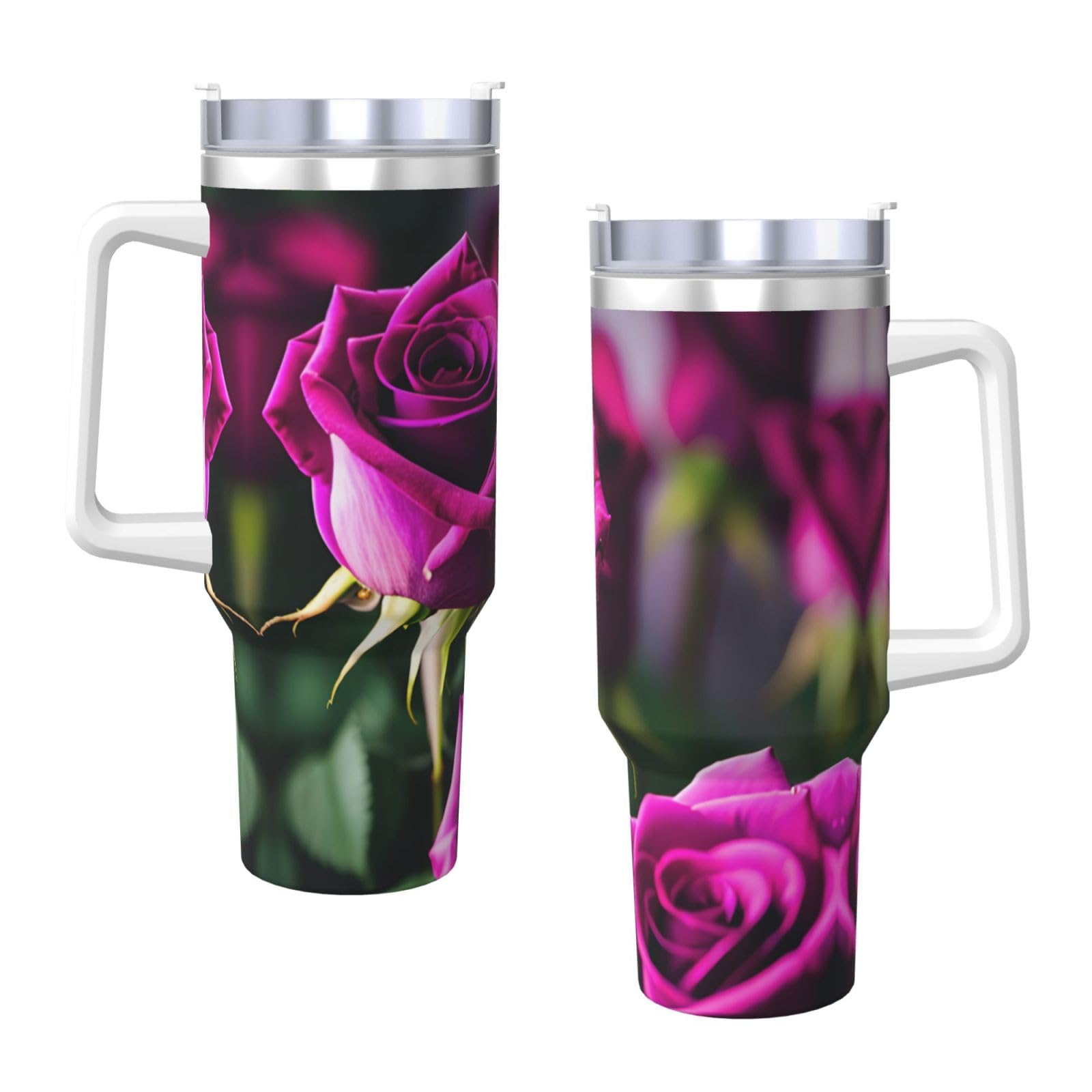 Purple Roses Ice Bully Wasserflasche aus Edelstahl, doppelwandig, isoliert, mit Griff und Strohhalm-Deckel, 1,2 l