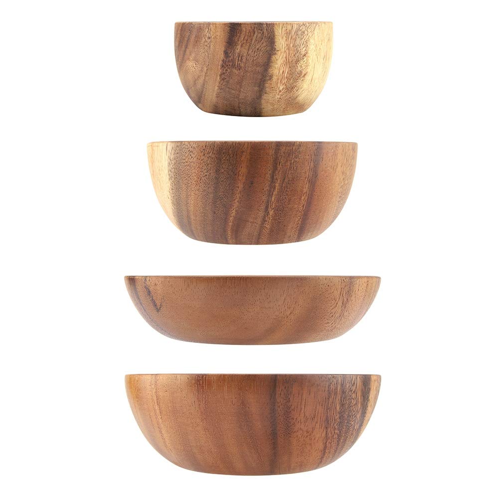 Bol, Bol en Bois D'Acacia Massif, Bol Rond en Bois Naturel Sculpté À La Main, Ustensiles De Cuisine pour Salade, Soupe, Trempettes Aux Fruits, Sauce, Noix, Apéritifs, DesBrown-13 * 7cm