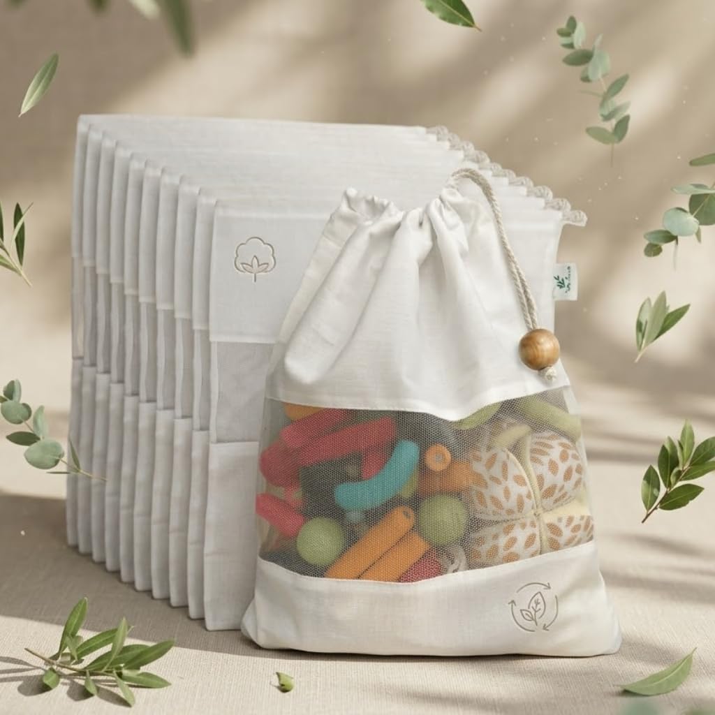 Cotton Mesh Produce Bags Pack of 12 | 11 x 13 Inch Reusable Drawstring Grocery Bags for Fruit, Vegetable Storage, Shopping, Kitchen & Pantry Organization-picture-54