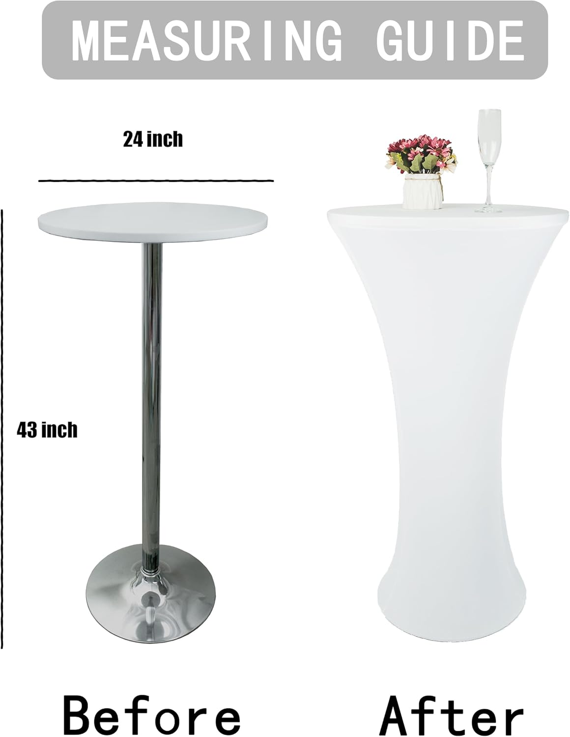4 Pack 24x43 Inch Spandex Cocktail Table Covers, Fitted Highboy Stretch Cocktail Tablecloth for Round Bar Table, Wedding Party Activity (4Pcs 24x43 White)
