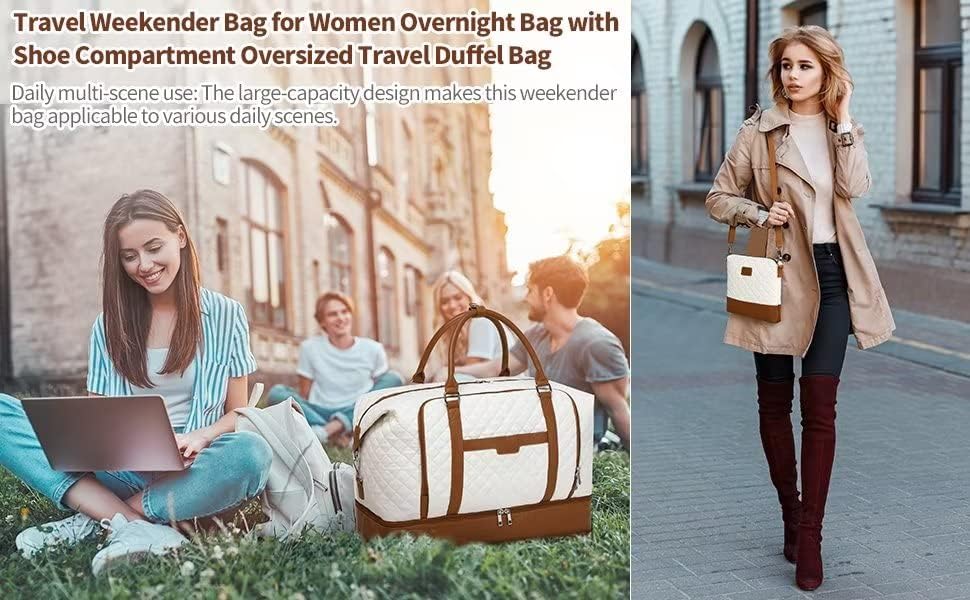 Miniatura 2 de Bolsa de fin de semana, bolsa de viaje grande para mujer, bolsa de mano con compartimento para zapatos y bolsas de aseo, Blanco (White-Brown),