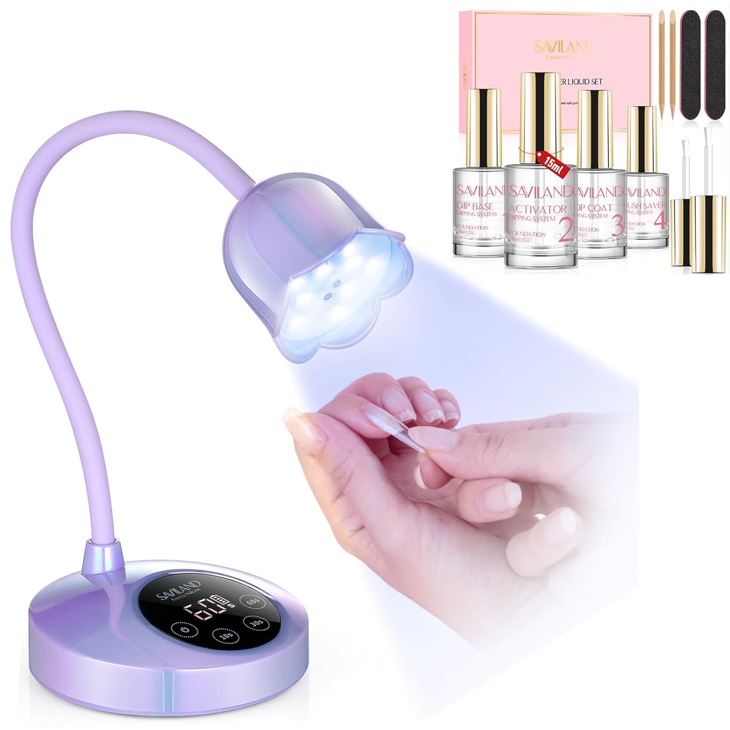 SAVILAND Dip Powder Liquid Set 15 ml/0.5 oz,10 Pcs Nail Dip Liquid Set 30W UV Nail Lamp: Purple Gel Nail Lamp Cordless U V Light for Gel Nails Smart Sensor LED Flash Cure Lamp