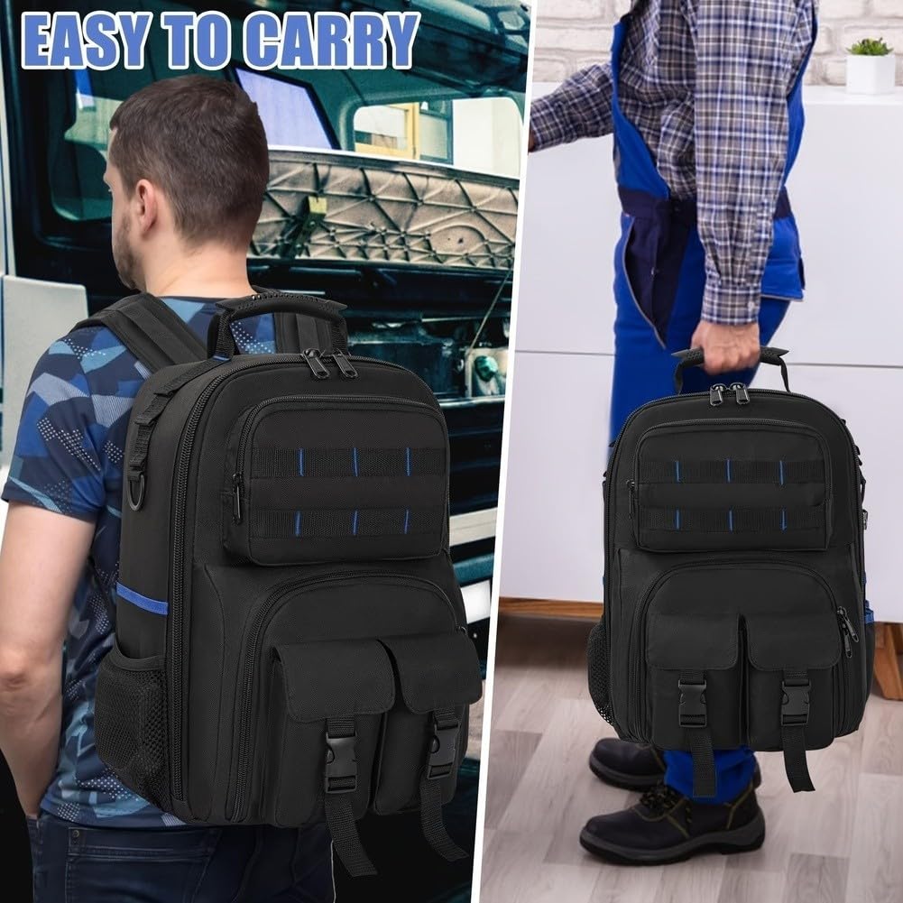 Mochila de herramientas con placa base móvil, bolsa de almacenamiento de herramientas de tela, organizador de herramientas de 11.8 x 6.3 x 15.7 pulgadas para herramientas manuales y equipos