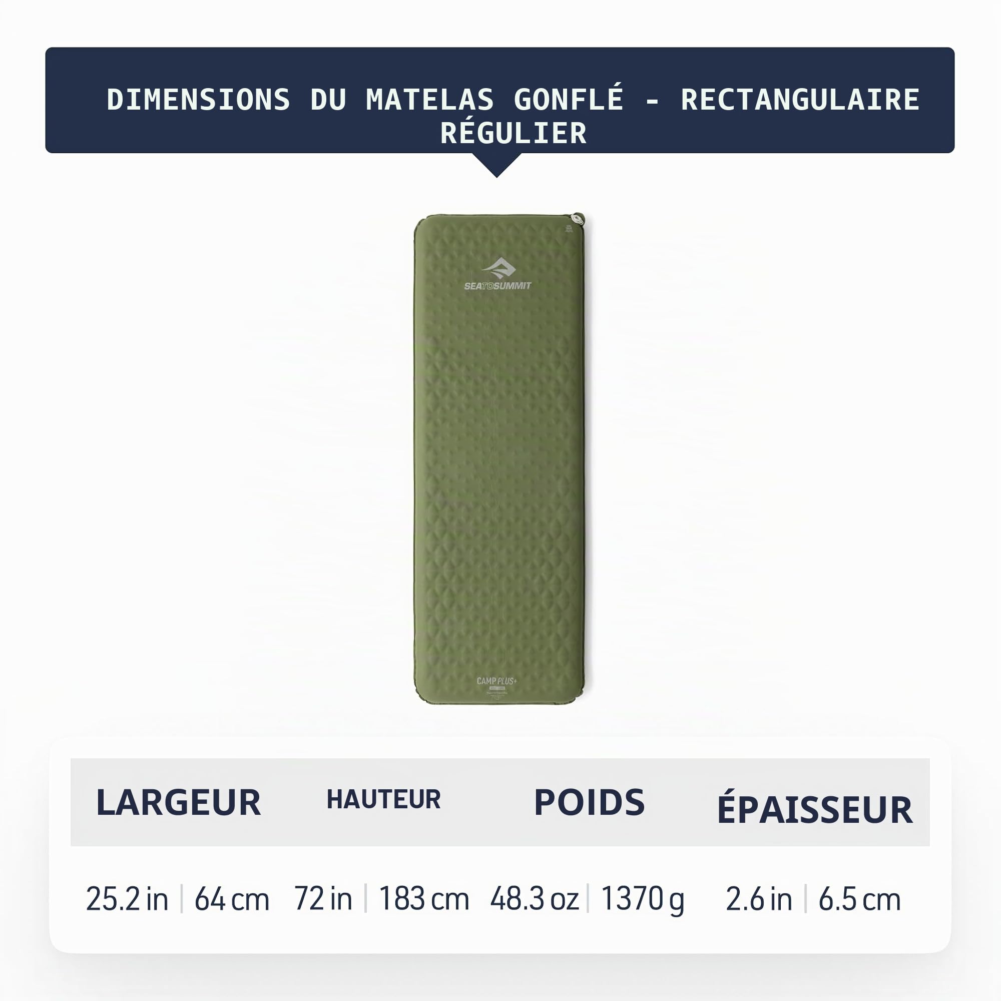 Sea to Summit Camp Plus Tapis de couchage autogonflant en mousse pour camping Rectangulaire Standard 182,9 x 64 x 6,6 cm