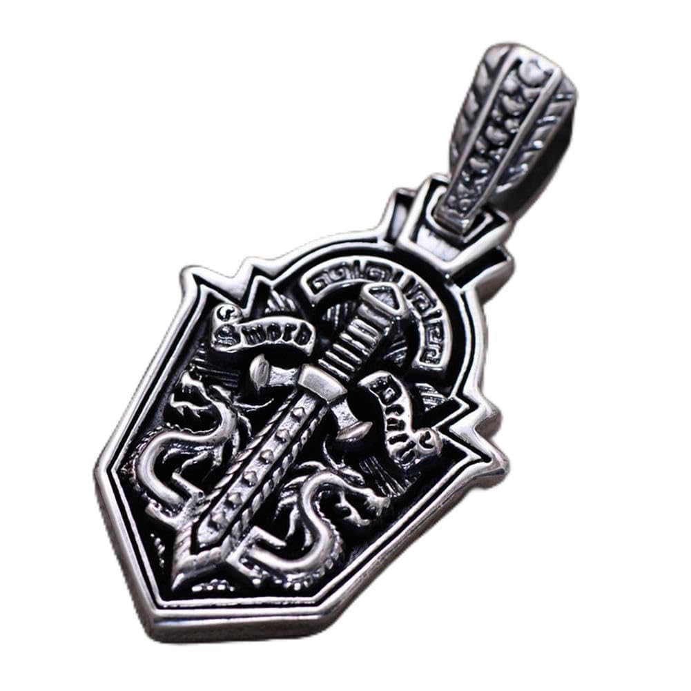 925 Silver Jewelry Retro Thai Silver Double Dragon Sword Shield Silver Pendant Men's Personalized Hanging Tag Necklace