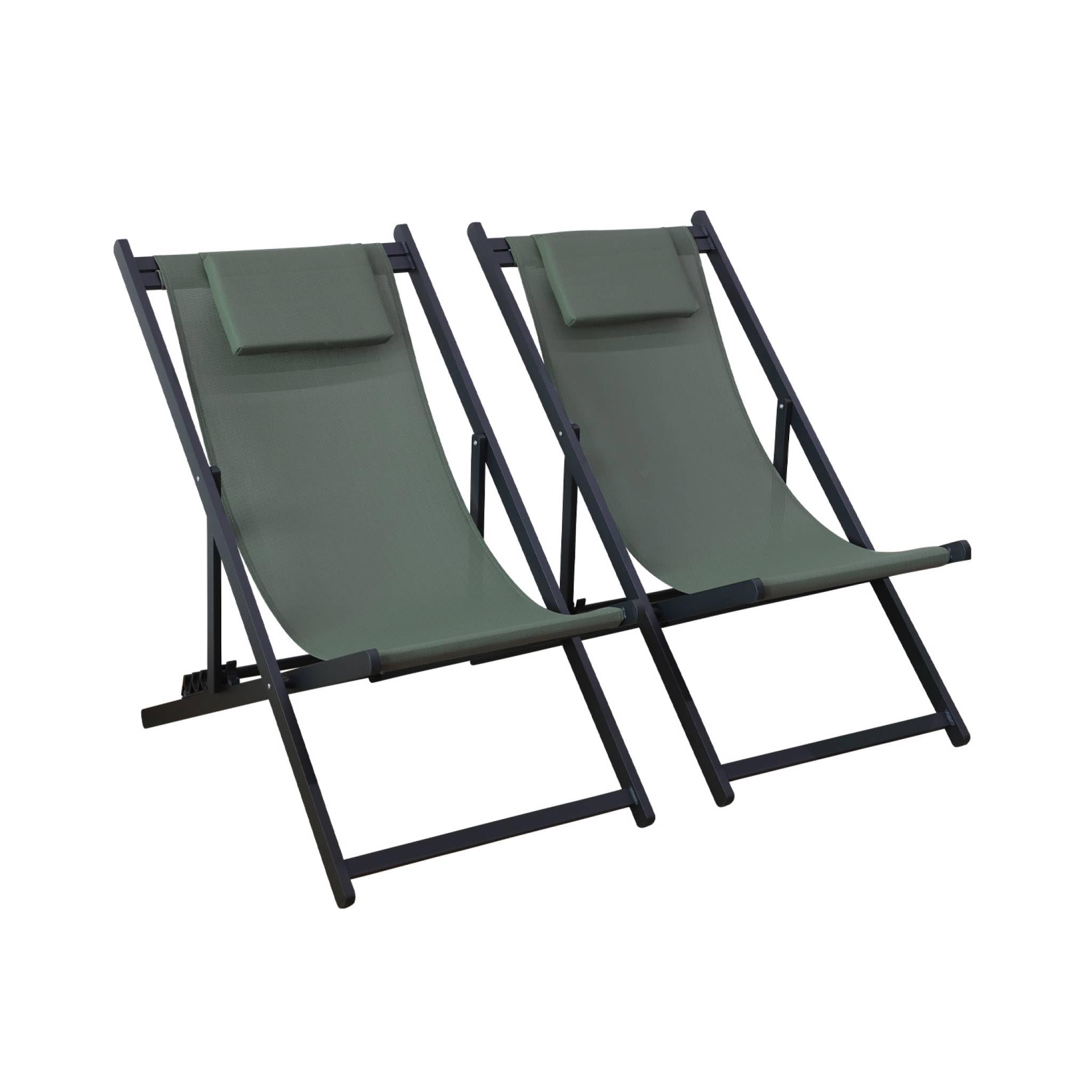 sweeek - Lot de 2 Bains de Soleil Kaki - Transat en Aluminium avec Coussin Repose tête. chilienne