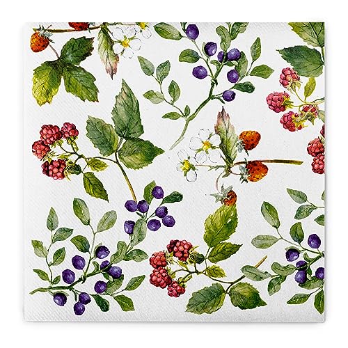 Sovie HOME Serviette ELSE ROT BLAU, Linclass Airlaid, 40x40cm, 12 Stück, 1/4 Falz, Design Himbeeren Blaubeeren Heidelbeeren, stoffähnliche Einwegserviette - Ideal für Events
