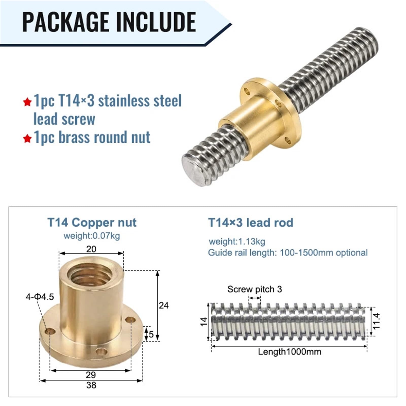 Husillo de bolas CNC de movimiento lineal Tornillo trapezoidal de acero inoxidable T14*3 + tuerca de brida, 100, 150, 200, 250, 300, 350, 400, 450, 500, 600, 800, 900, 1000 mm(100MM)